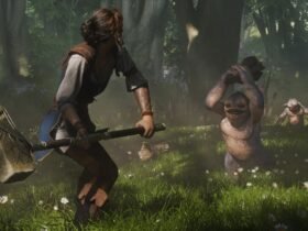 Uma guerreira em uma floresta ensolarada empunha um martelo de guerra ornamentado, preparando-se para enfrentar duas pequenas criaturas fantásticas e atarracadas que a cercam entre flores brancas e árvores altas.