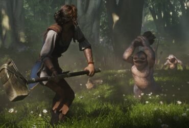 Uma guerreira em uma floresta ensolarada empunha um martelo de guerra ornamentado, preparando-se para enfrentar duas pequenas criaturas fantásticas e atarracadas que a cercam entre flores brancas e árvores altas.