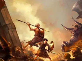 Kratos e Deimos empunhando lança e escudo e enfrentando um monstro