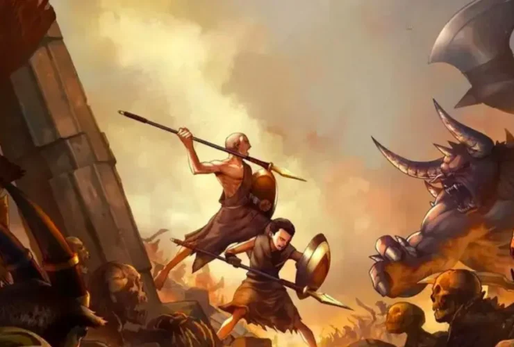 Kratos e Deimos empunhando lança e escudo e enfrentando um monstro