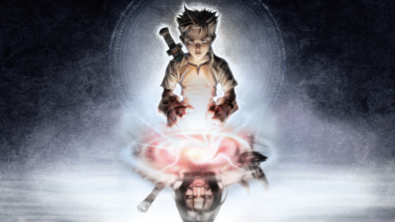 Ilustração estilizada do jovem herói de Fable olhando para o reflexo de sua versão adulta e sombria. O jovem está envolto em uma aura clara, enquanto o reflexo abaixo dele exibe olhos vermelhos, chifres e uma expressão malévola, separados por uma energia mística brilhante.