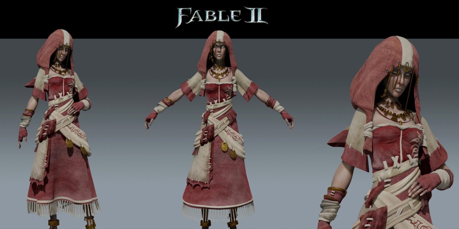 Três visualizações de um modelo 3D da personagem Theresa de Fable II. Ela veste um traje detalhado em tons de vermelho e bege, composto por um capuz, túnica com bordados rústicos e diversos acessórios dourados. Seus olhos estão vendados por uma faixa clara e ela exibe uma postura mística e solene.