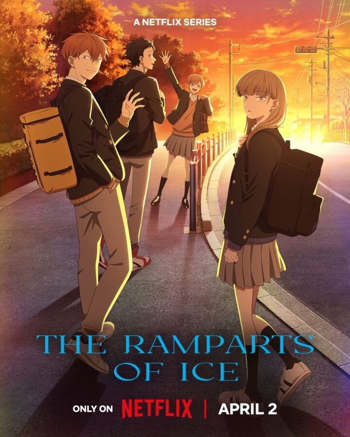 Visual chave do anime The Ramparts of Ice. Cena com iluminação quente de pôr do sol. Quatro adolescentes em uniformes escolares estão em uma calçada curva. Em primeiro plano, à direita, uma garota de cabelos loiros curtos olha por cima do ombro com uma expressão reservada. À esquerda, um rapaz ruivo sorri levemente para a câmera. Ao fundo, outros dois jovens acenam e caminham alegremente. O céu alaranjado e as sombras longas criam uma atmosfera melancólica e nostálgica.