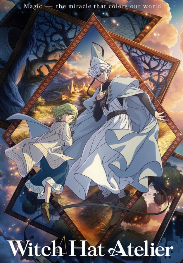 Visual chave do anime Witch Hat Atelier. A jovem Coco e seu mestre Qifrey flutuam no centro, cercados por molduras flutuantes que mostram diferentes paisagens fantásticas e vilarejos. Coco tem cabelos curtos e claros, enquanto Qifrey usa seu icônico chapéu pontudo e óculos. O fundo exibe um céu crepuscular com nuvens douradas e o título na parte inferior.