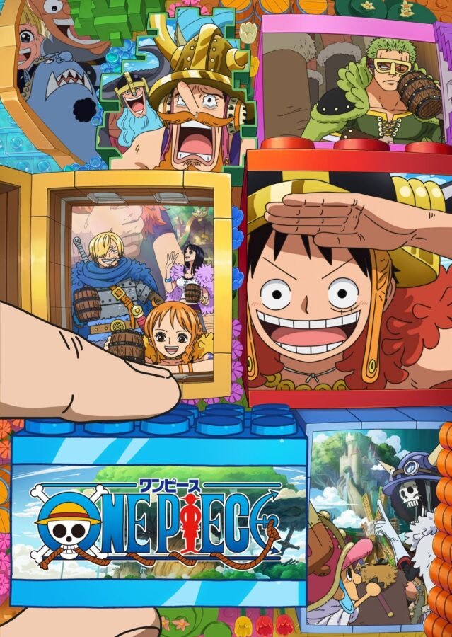 Visual chave da nova temporada de One Piece adaptando o arco de Elbaf. Os personagens aparecem dentro de blocos de montar estilo LEGO. Luffy sorri em destaque à direita, enquanto janelas nos blocos revelam Sanji, Nami e Robin em trajes vikings, além de Zoro, Usopp e Brook em outras seções. Uma mão humana segura um dos blocos, reforçando o tema de construção e brincadeira.