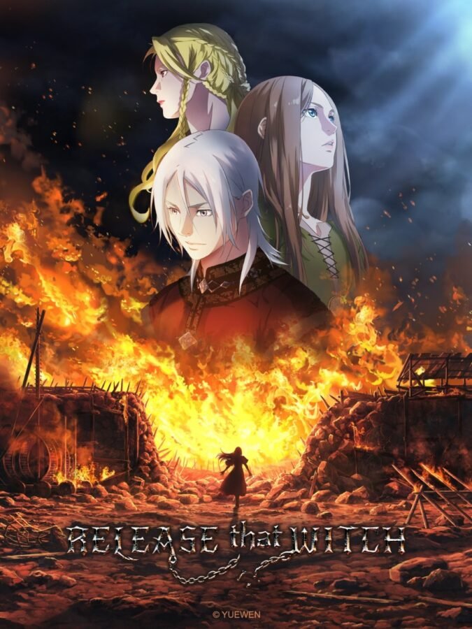 Visual chave do anime Release That Witch. Uma arte dramática com tons de fogo e sombras. Ao fundo, três personagens em estilo anime, um homem de cabelos prateados e duas mulheres, uma loira e uma de cabelos castanhos, observam o horizonte com seriedade. Abaixo deles, uma silhueta feminina solitária caminha em direção a uma explosão de chamas intensas que consome uma estrutura de madeira e pedra. O título "Release that Witch" aparece na base com uma tipografia metálica e correntes.