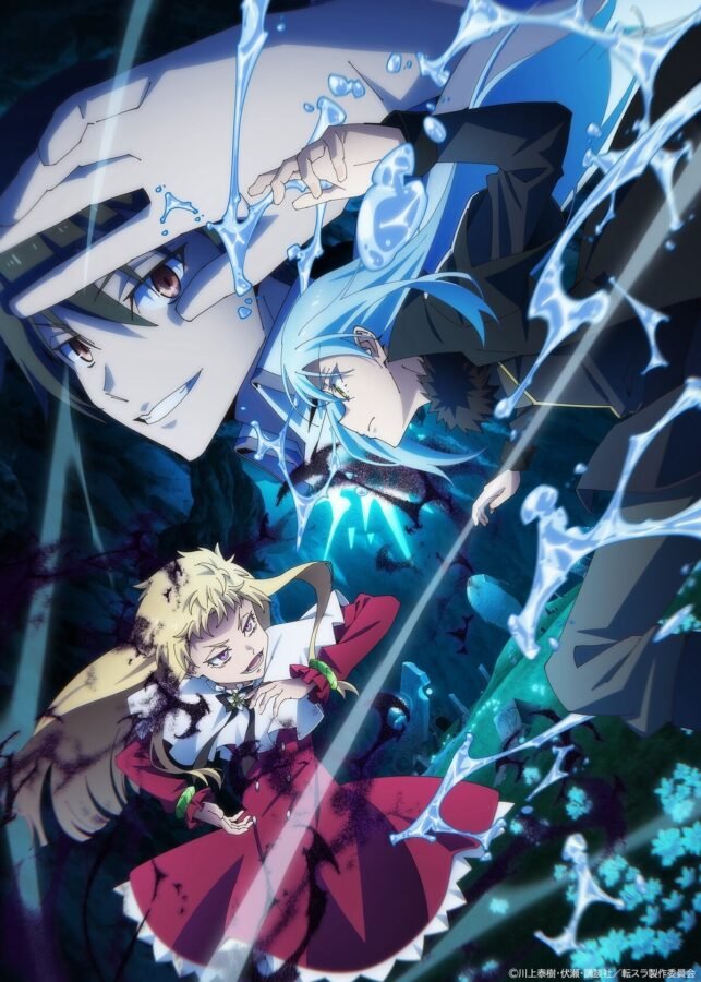 Visual Chave de Tensura focado em três personagens centrais. No topo, o rosto de um homem sorridente de cabelos castanhos; no centro, Rimuru Tempest com cabelos azuis fluindo como água; e abaixo, uma garota loira de vestido vermelho envolta em uma aura de fumaça negra. A composição é dinâmica, com jatos de água e efeitos de luz azul atravessando a imagem.