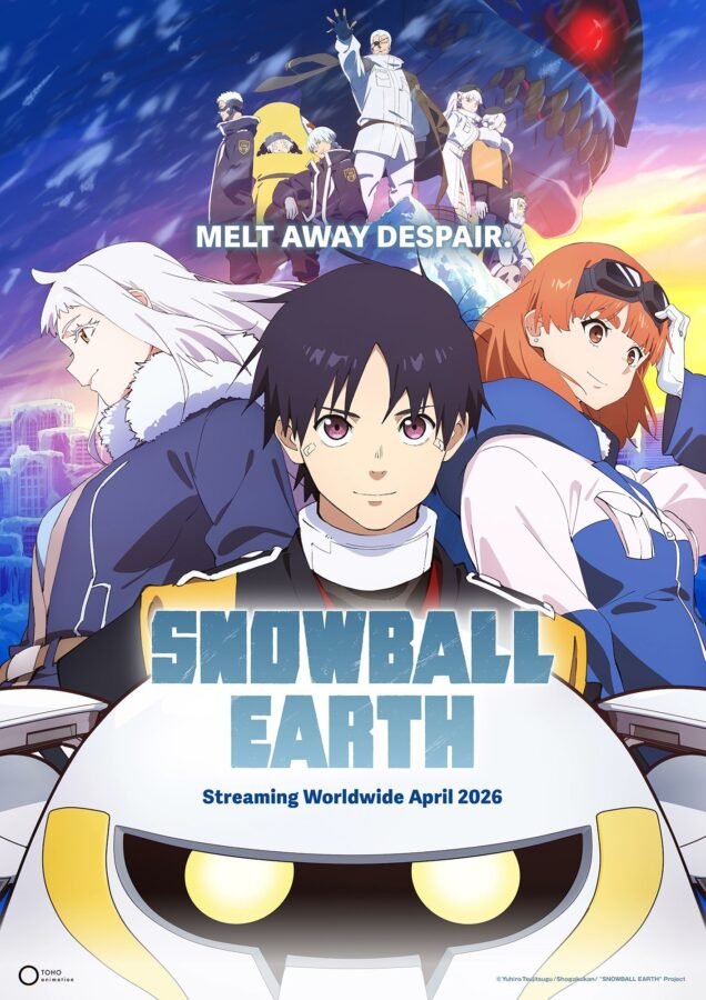 Visual chave do anime Snowball Earth. Três jovens pilotos estão em destaque no centro, vestindo trajes de inverno futuristas. Abaixo deles, a cabeça de um robô branco com olhos amarelos brilhantes. Ao fundo, um grupo de sobreviventes no topo de uma montanha nevada encara uma criatura colossal e sombria com um olho vermelho no céu. O texto diz "Melt away despair" e anuncia a estreia para abril de 2026.