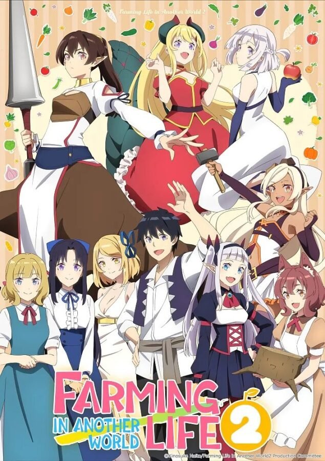 Visual chave da 2ª temporada do anime Farming Life in Another World. No centro, um jovem de cabelos pretos sorri rodeado por diversas personagens femininas, incluindo elfas, uma anja e uma vampira, todas em trajes variados. O fundo é bege claro, decorado com ilustrações flutuantes de vegetais como cenouras, tomates e beringelas. O título "Farming Life in Another World 2" aparece em destaque na parte inferior.
