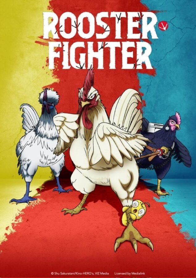 Visual chave oficial do anime Rooster Fighter. Em destaque, um galo branco musculoso e imponente faz uma pose de herói, com um pequeno pintinho amarelo agarrado à sua pata. Ao fundo, um galo cinza de crista punk e uma galinha preta estilosa completam o trio. O fundo é dividido em cores vibrantes (amarelo, vermelho e azul) com o título em letras garrafais no topo.