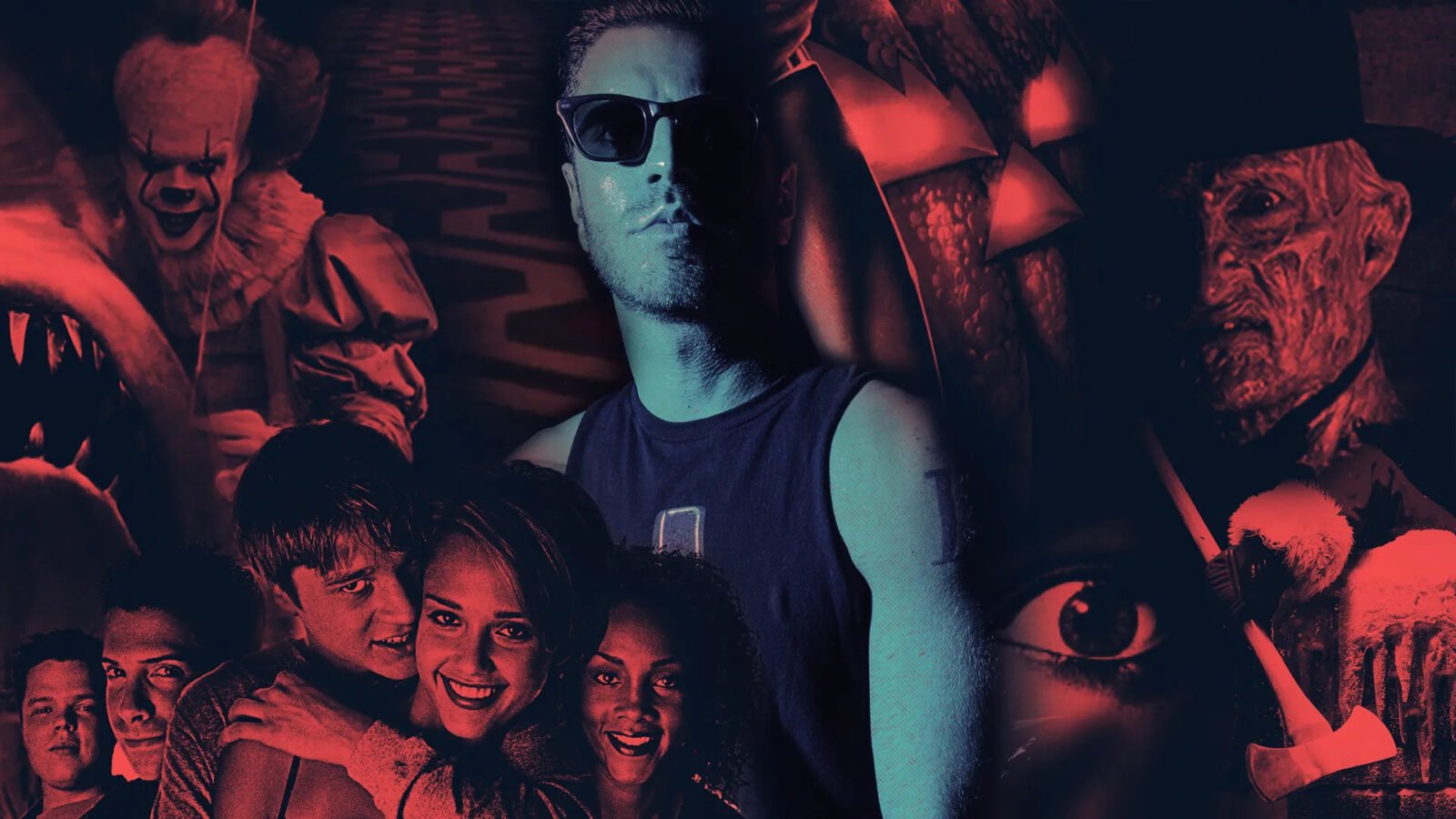 Vocalista Spencer Charnas, do Ice Nine Kills, cercado por personagens do cinema de terror.