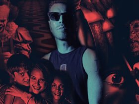 Vocalista Spencer Charnas, do Ice Nine Kills, cercado por personagens do cinema de terror.