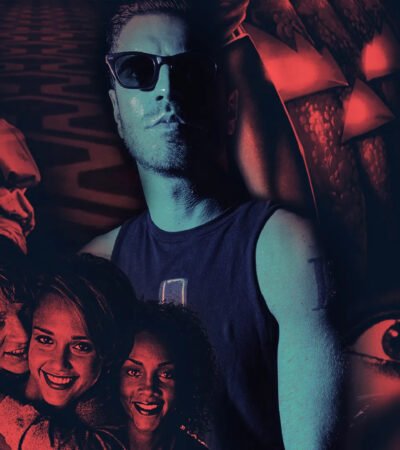 Vocalista Spencer Charnas, do Ice Nine Kills, cercado por personagens do cinema de terror.