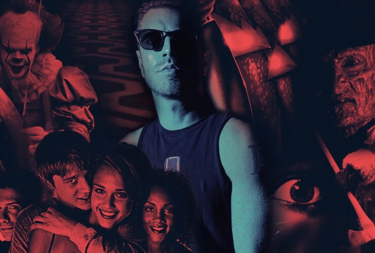 Vocalista Spencer Charnas, do Ice Nine Kills, cercado por personagens do cinema de terror.