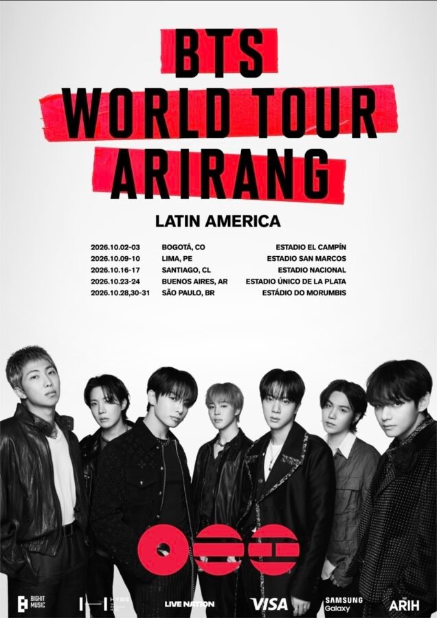 O grupo BTS, composto por seete homens coreanos aparece em uma foto em preto e branco. 

Acima deles em um espaço vazio estão as cidades e datas da turnê na América Latina.