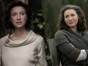Atriz Caitriona Balfe como Claire Fraser na série Outlander