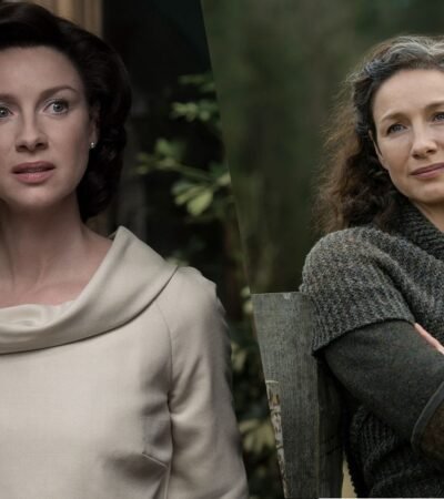 Atriz Caitriona Balfe como Claire Fraser na série Outlander
