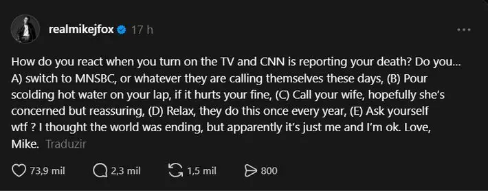 Michael J. Fox ironiza CNN após site publicar obituário por engano