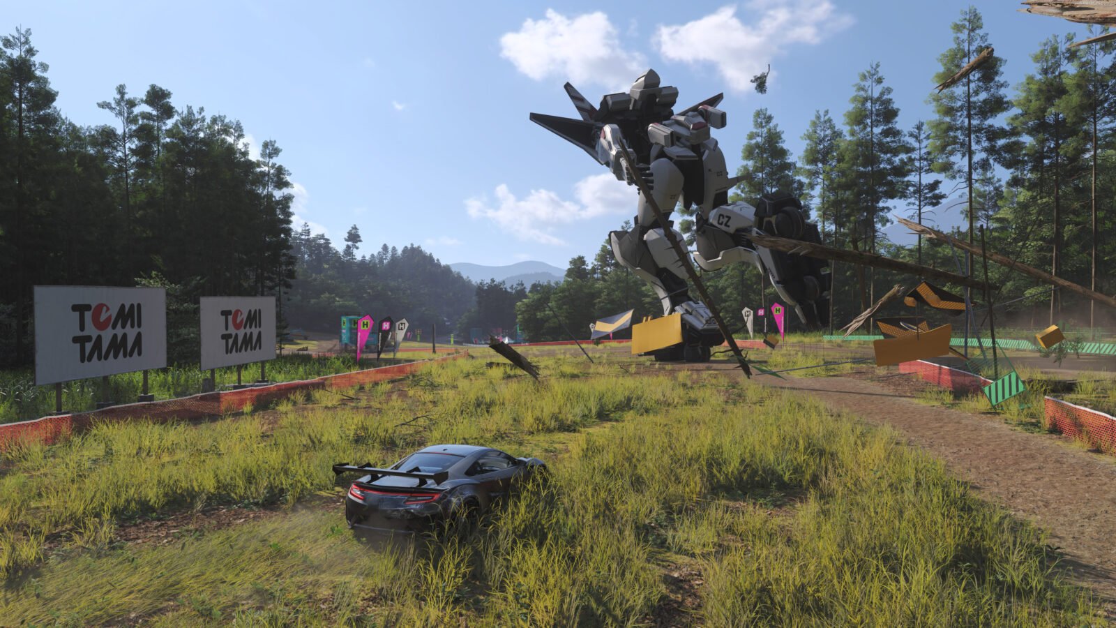 Um supercarro correndo através de um campo de festival enquanto um grande mecha destrói uma barreira e detritos voam pelo ar.