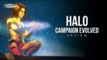 Master Chief no canto inferior esquerdo, encarando uma projeção holográfica colossal de Cortana, que brilha intensamente em tons dourados e alaranjados. Com um sorriso sereno, ela segura uma galáxia azul espiralada entre as mãos, tendo como pano de fundo a escuridão de um vasto espaço estrelado.