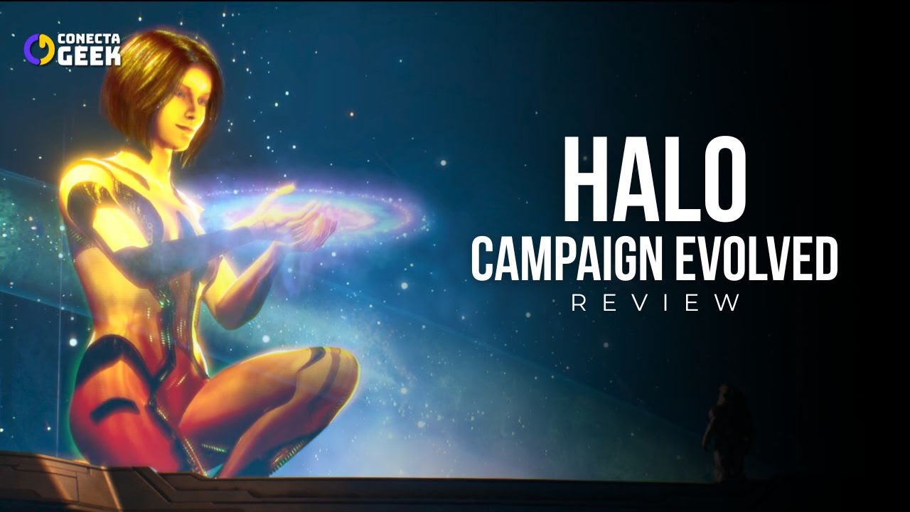Master Chief no canto inferior esquerdo, encarando uma projeção holográfica colossal de Cortana, que brilha intensamente em tons dourados e alaranjados. Com um sorriso sereno, ela segura uma galáxia azul espiralada entre as mãos, tendo como pano de fundo a escuridão de um vasto espaço estrelado.