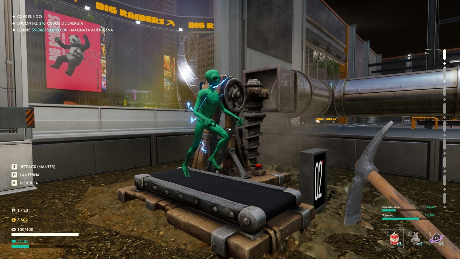 Alienígena na esteira gerando energia no DIG Raiders