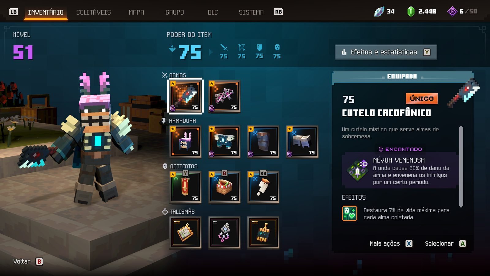 Captura de tela da interface de inventário do jogo Minecraft Dungeons 2, destacando um personagem de nível 51 e o equipamento "Cutelo Cacofônico" de poder 75.   