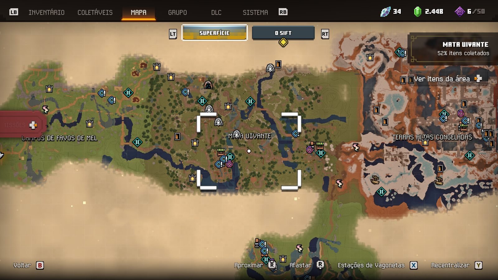 Captura de tela do mapa do jogo Minecraft Dungeons 2 mostrando a região da "Mata Uivante", com rios, florestas e terras congeladas repletas de ícones de missões e pontos de interesse.   