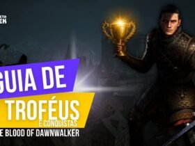 Arte de capa da Conecta Geek mostrando um Coen com sua armadura erguendo um troféu dourado brilhante em uma das mãos, enquanto empunha uma espada com a outra. À esquerda, grandes blocos de texto em roxo e amarelo dizem: "Guia de Troféus e Conquistas The Blood of Dawnwalker". Ao fundo, a silhueta de um castelo imerso em névoa.