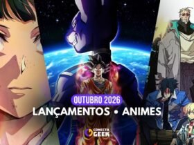 Arte de Capa Conecta Geek. Título "Outubro 2026 - Lançamentos Animes". A arte exibe uma colagem com personagens de animes variados.