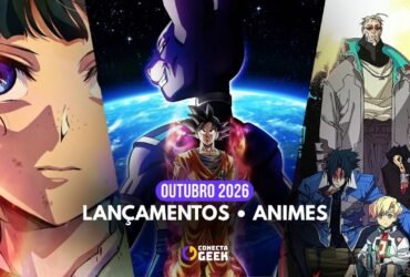 Arte de Capa Conecta Geek. Título "Outubro 2026 - Lançamentos Animes". A arte exibe uma colagem com personagens de animes variados.