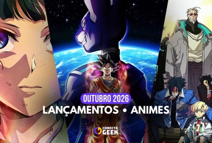 Arte de Capa Conecta Geek. Título "Outubro 2026 - Lançamentos Animes". A arte exibe uma colagem com personagens de animes variados.