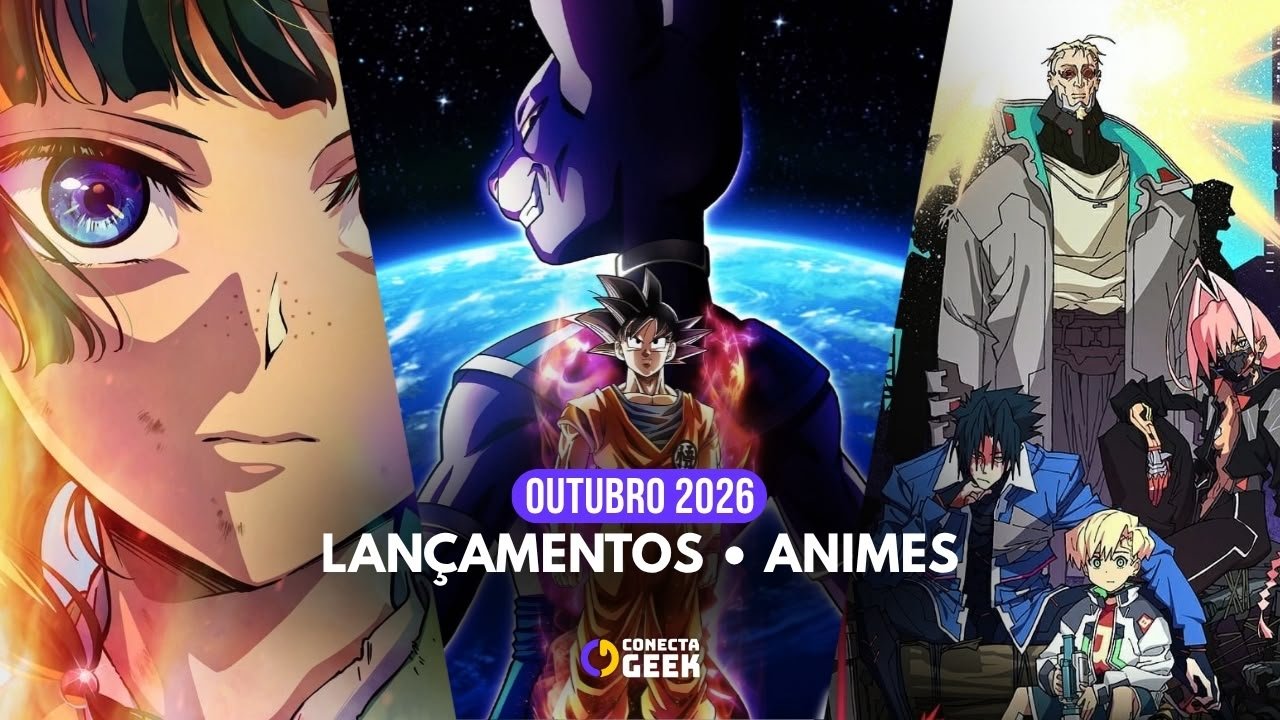 Arte de Capa Conecta Geek. Título "Outubro 2026 - Lançamentos Animes". A arte exibe uma colagem com personagens de animes variados.