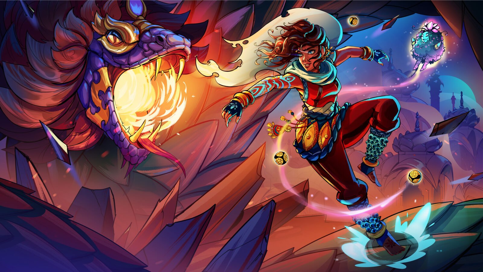 Material promocional de SURI: The Seventh Note, RPG com elementos de combate rítmico inspirado na cultura indiana.